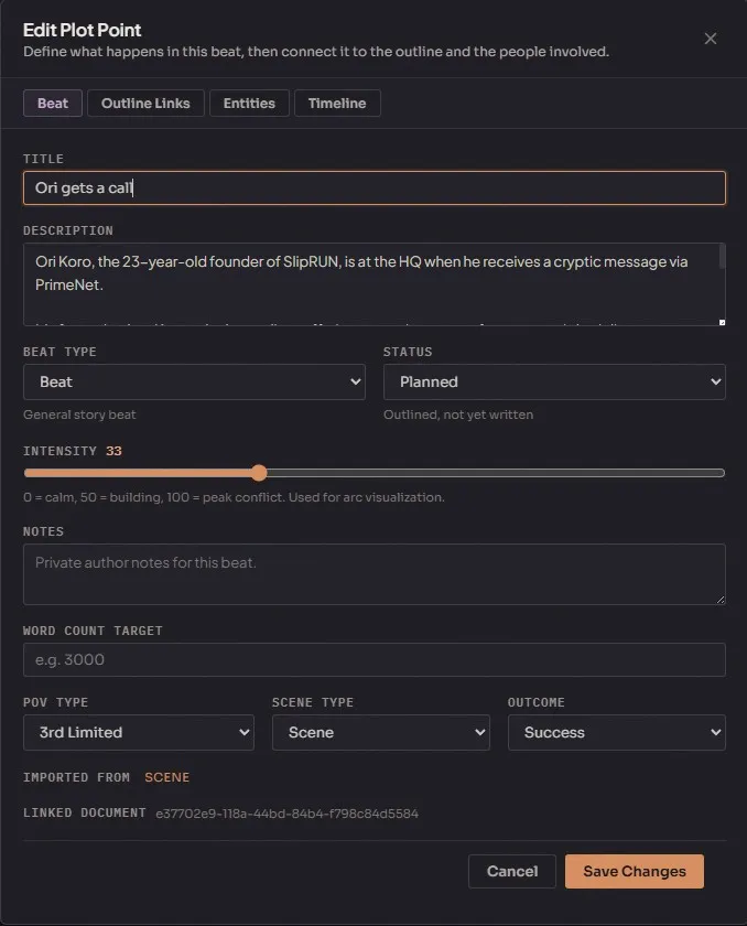 Editing a plot point with type, intensity, and beat sheet position
