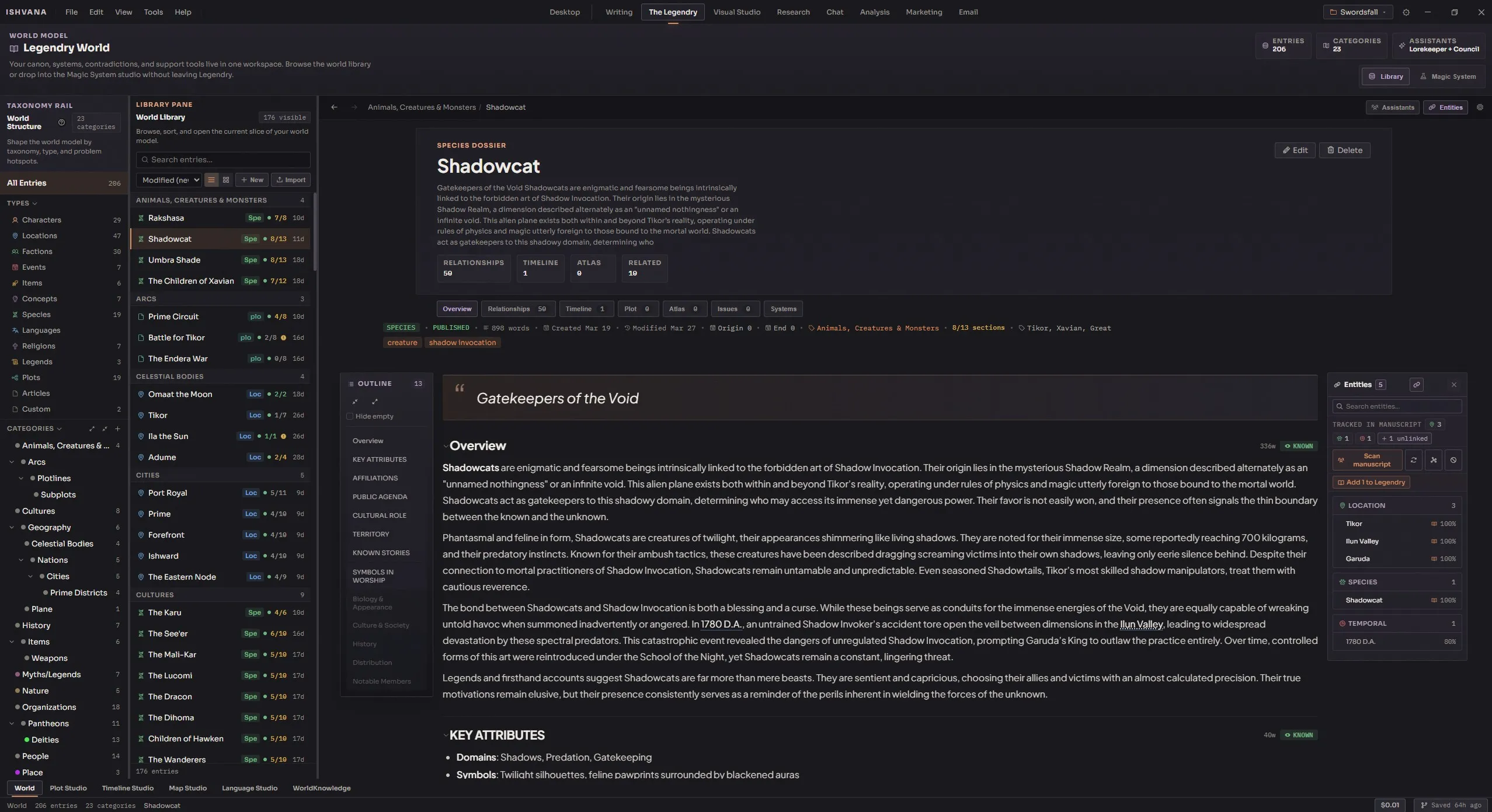 Legendry view showing the entry list, categories tree, and detail panel