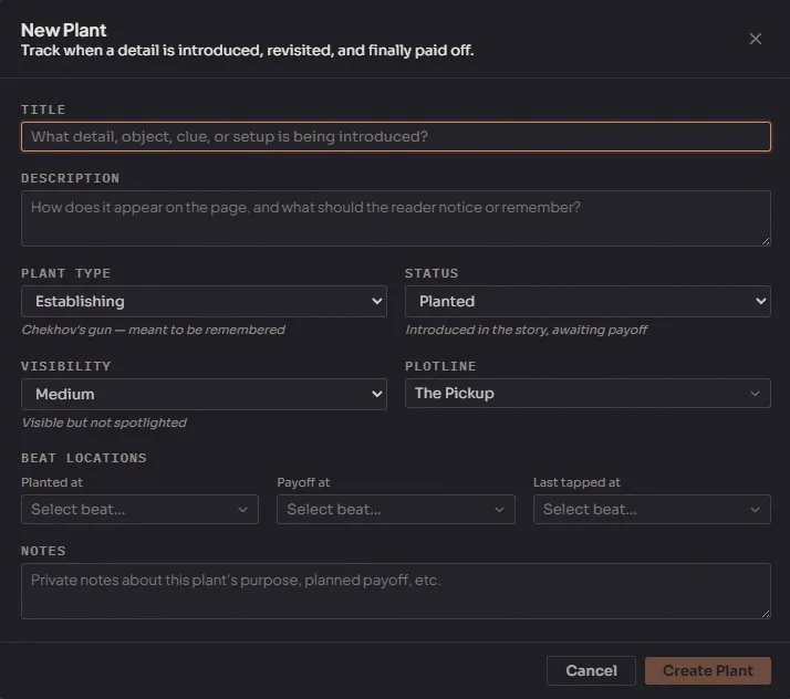 Creating a new plant with setup description and status