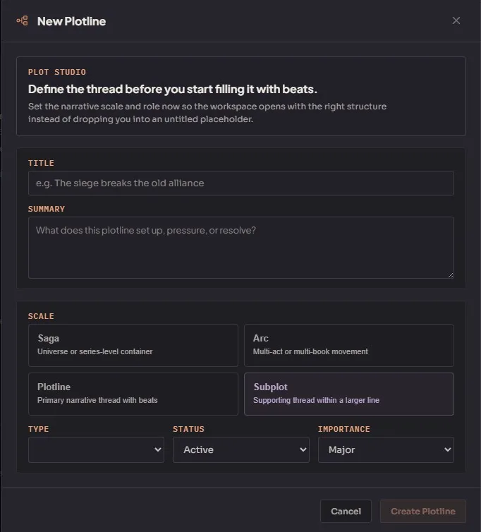 Creating a new plotline with subtype, status, and importance settings