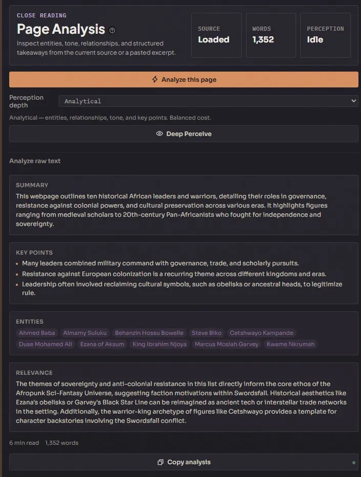 Page analysis results showing summary, key points, and detected entities