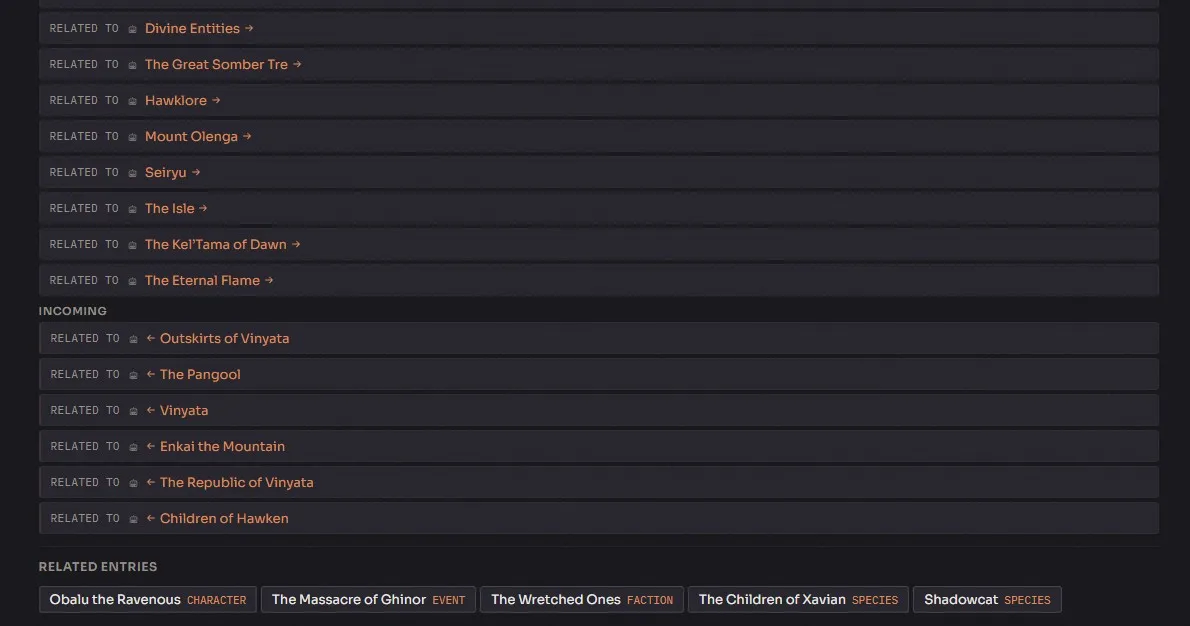 Relationship web showing connections between Legendry entries