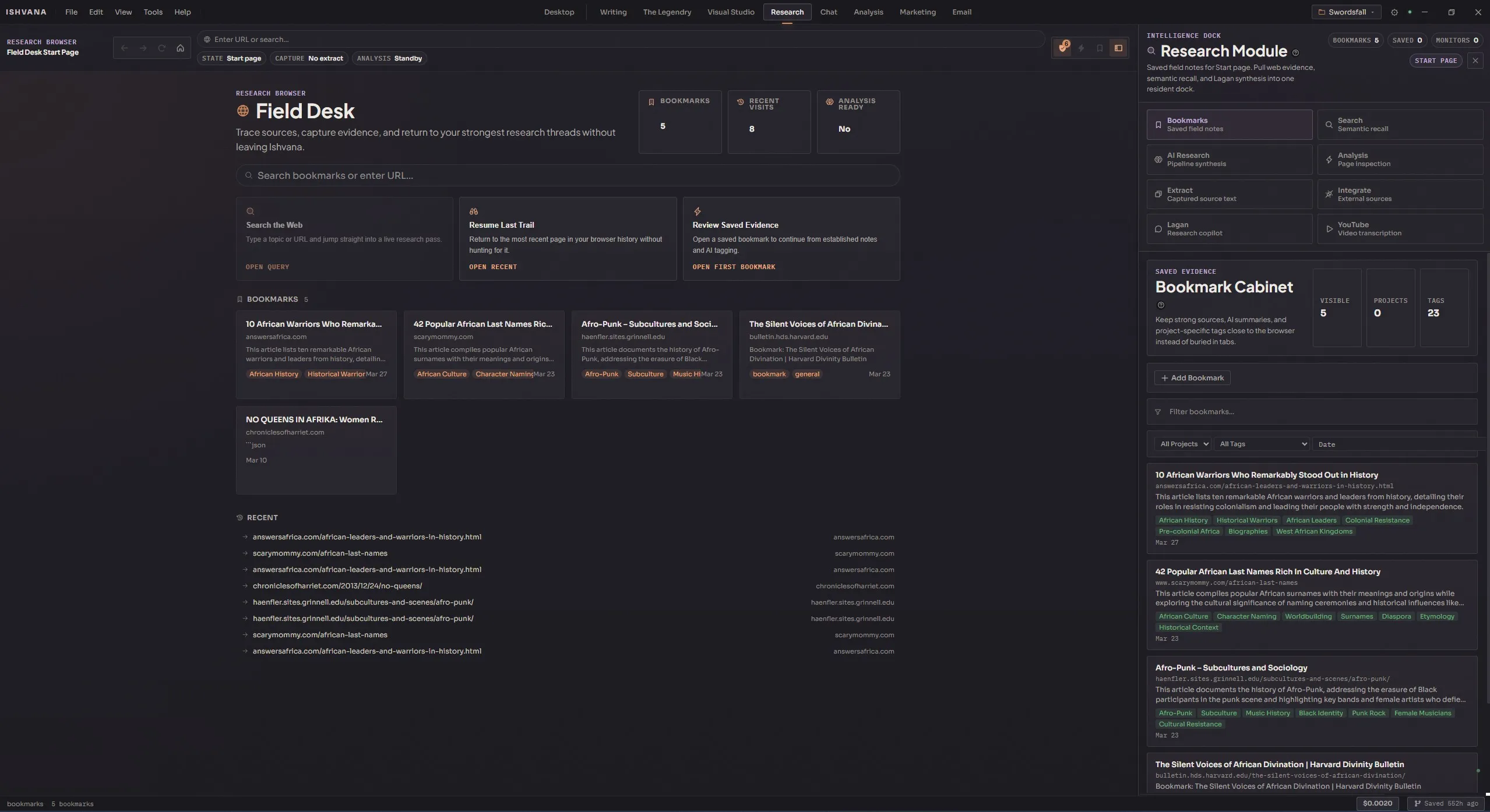 Research browser overview with bookmarks and navigation toolbar