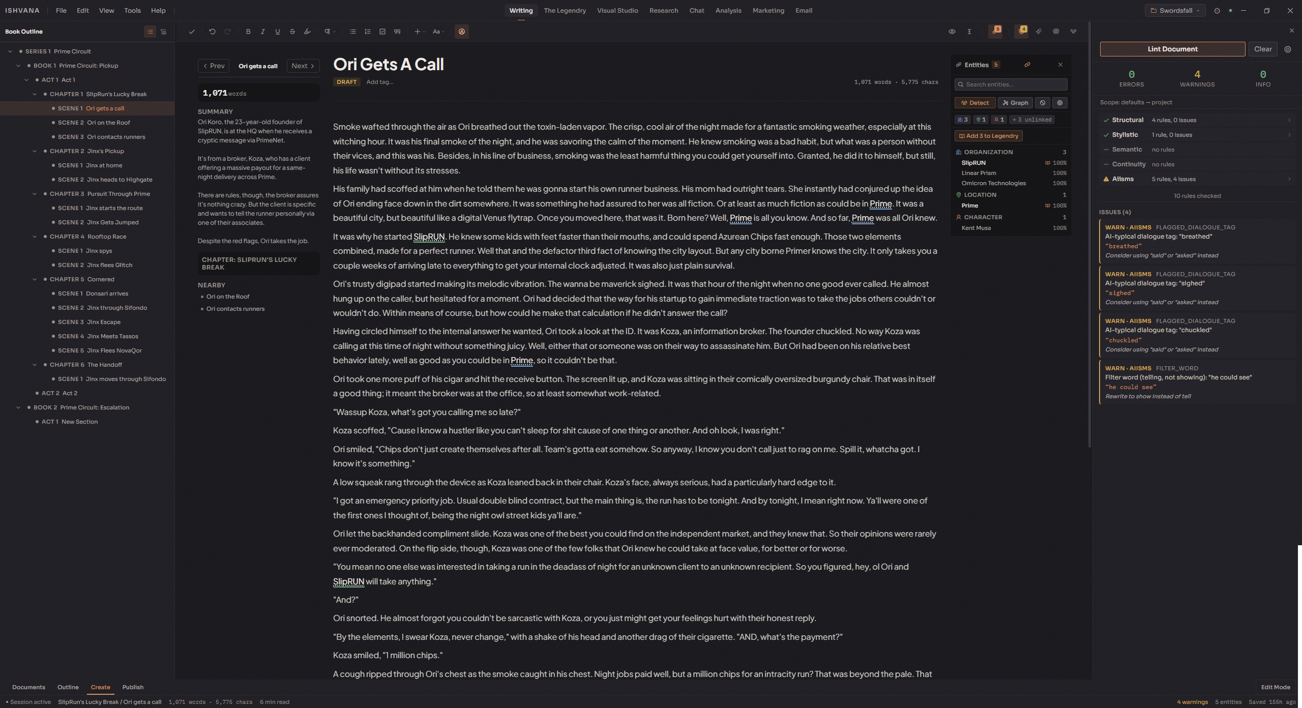 The Ishvana Editor showing document hierarchy, manuscript content, and outline view