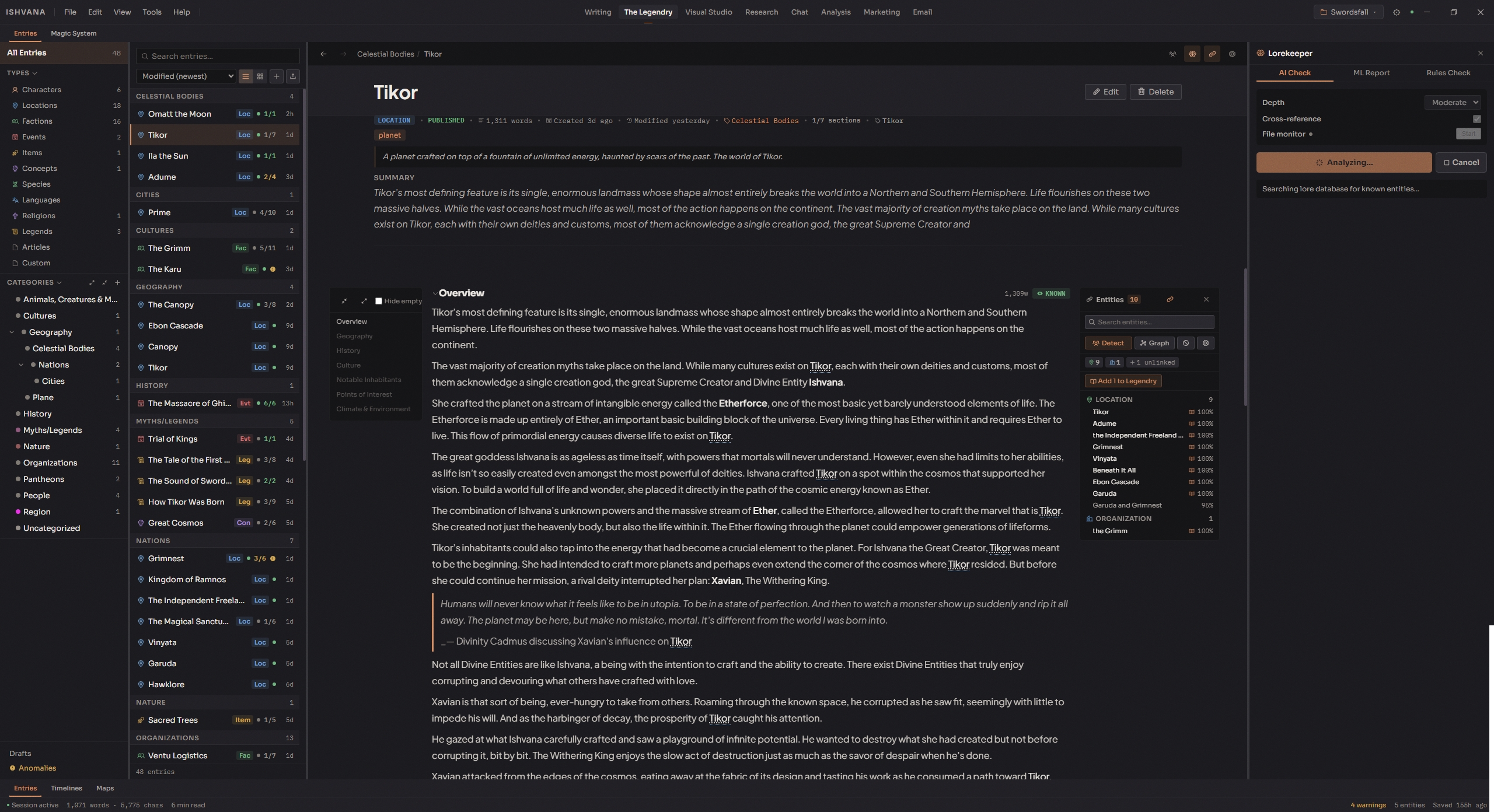 Ishvana Legendry worldbuilding database with entity list, relationship graph, and semantic search
