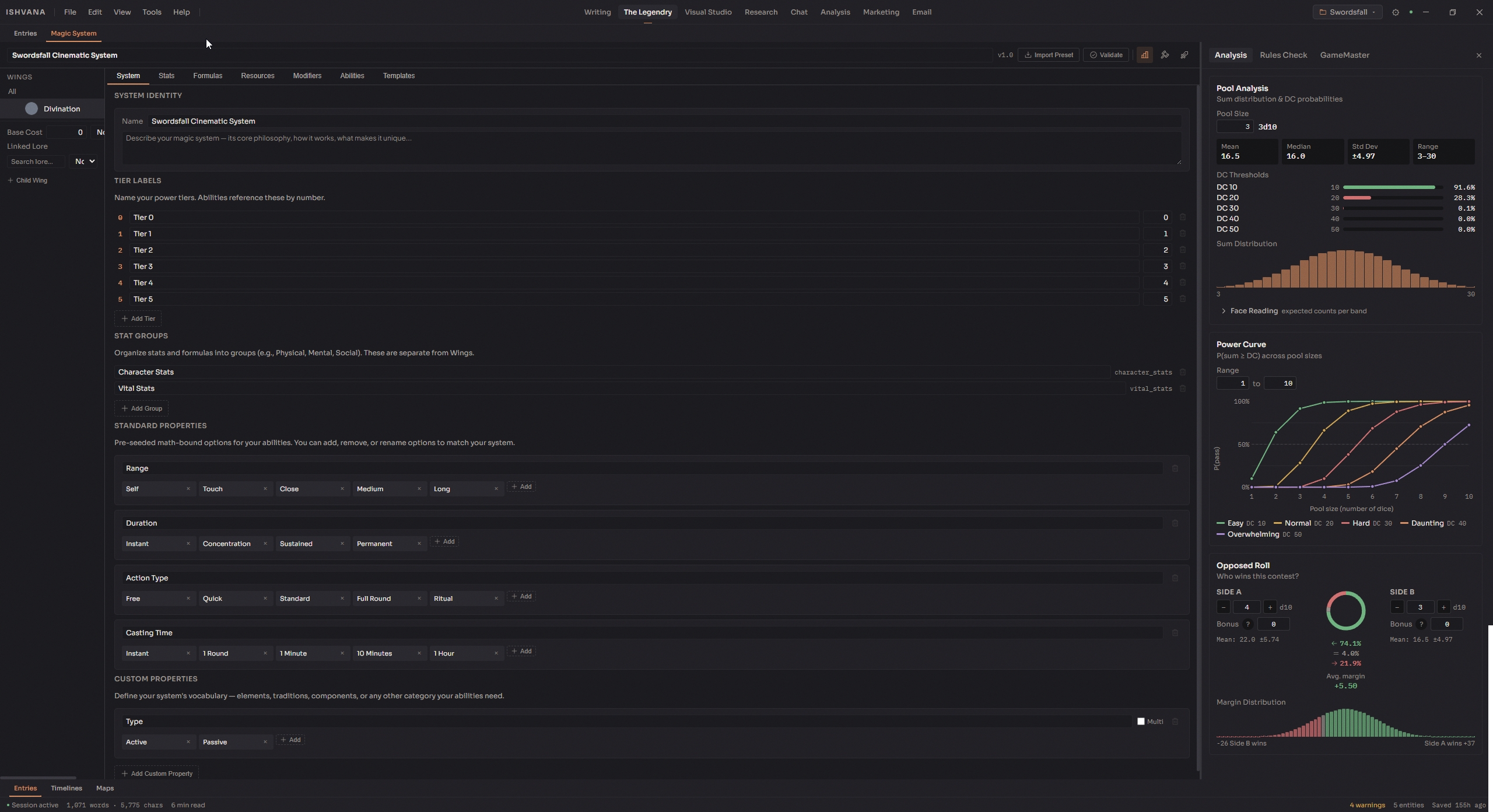 Ishvana Mechanics system editor with stats, properties, and probability analysis