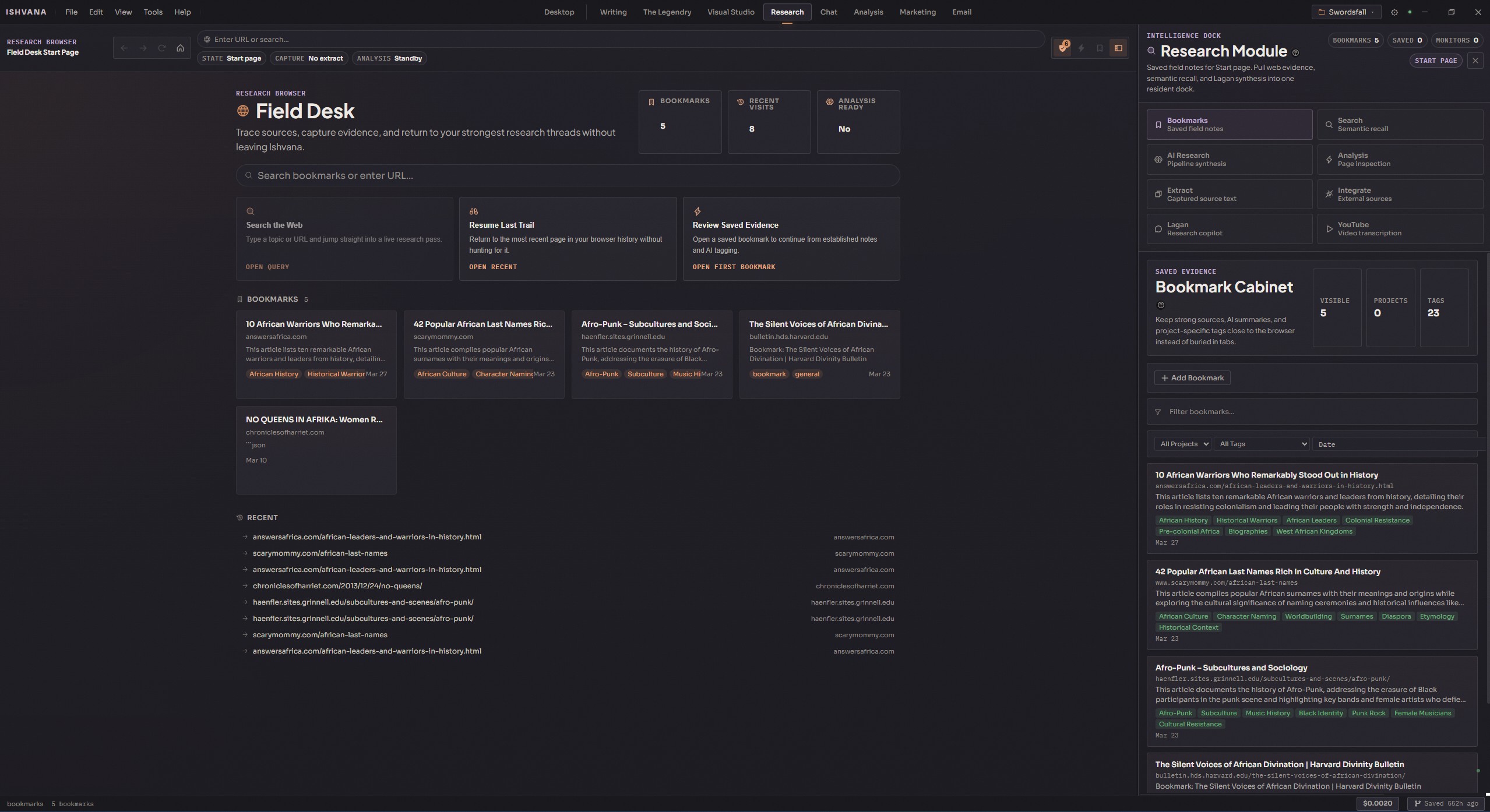 Ishvana built-in research browser with bookmarks, analysis, and Lagan copilot
