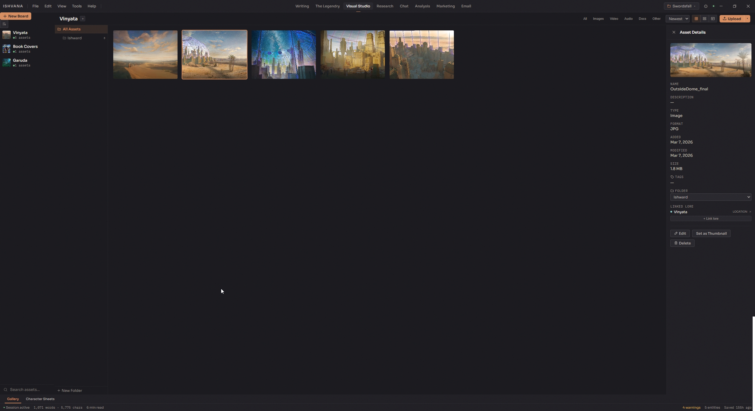 Ishvana Visual Studio showing asset boards, gallery, and linked lore details